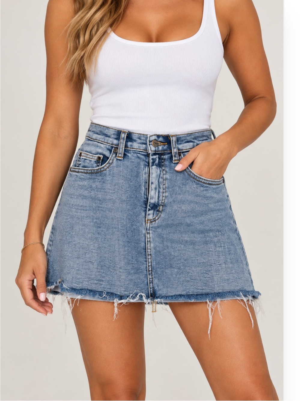 Wilfred Light Blue Denim Frayed Hem Mini Skirt